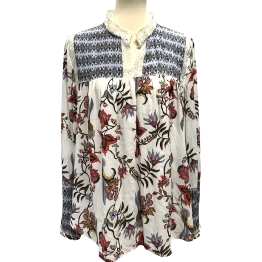 Loft Womens XS Floral Boho Long Sleeve Blouse Lace Trim Lined Peasant Top 1125U
